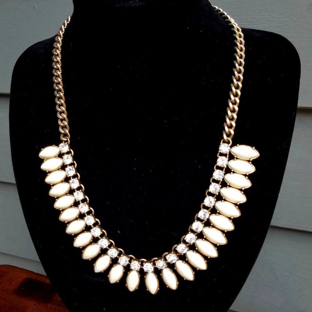 J Crew Navette White Maquis shape Rhinestone Statement Necklace 20" 3" extender